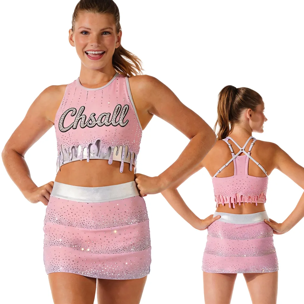 Laser-cut Drip Hem with Print Design Top LOGO pink Rhinestones Shirts & Top Cheerleading Practice Wear Shell Uniform