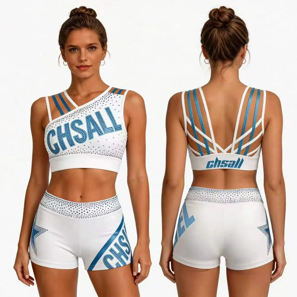 Rhinestone One Shoulder Strap Crop Top Shorts Two Piece Set Girls Competition All Star Cheerleading Uniform – photo 4