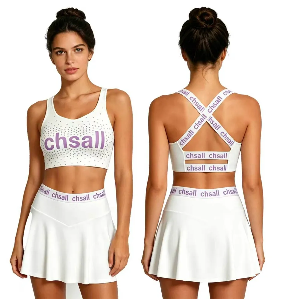 White Rhinestone Letter Print Cheer Sports Bra & High Waist Skirt Two-Piece Training Cheer Uniform – photo 4