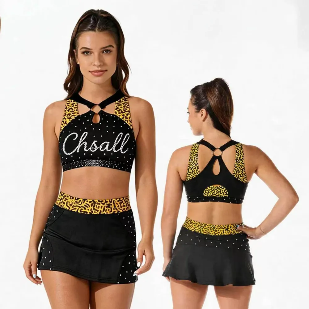 Cheerleading Uniform Rhinestones Shirts & Tops Leopard Print Crop Top Cheer Uniform Teams Dance Wear