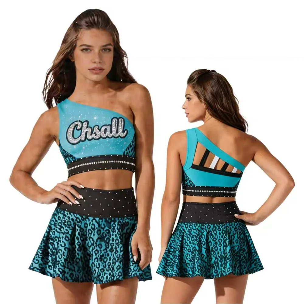 LOGO Cheerleading Uniform Rhinestones Shirts & Tops Leopard Print Crop Top Cheer Uniform Teams Dance Wear