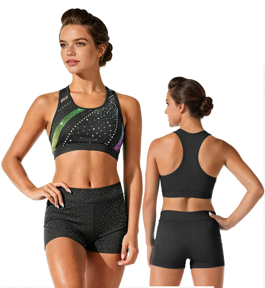 Rainbow Rhinestones Grey Shirts & Tops Wear Sparkle Racerback Shiny Cheerleading Practice Wear Shell Short Uniform