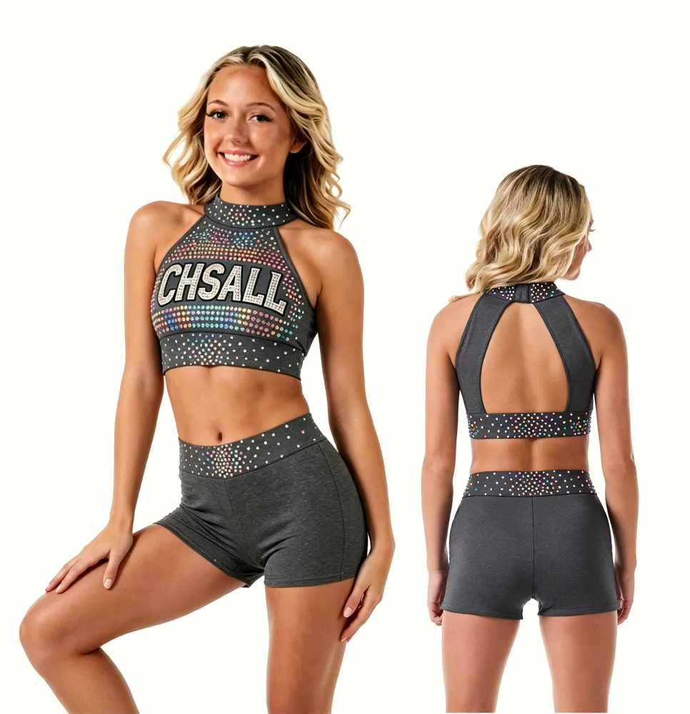 Rainbow Rhinestones Grey Shirts & Tops Sparkle Halter Off-shoulder Shiny Cheerleading Practice Wear Short Uniform