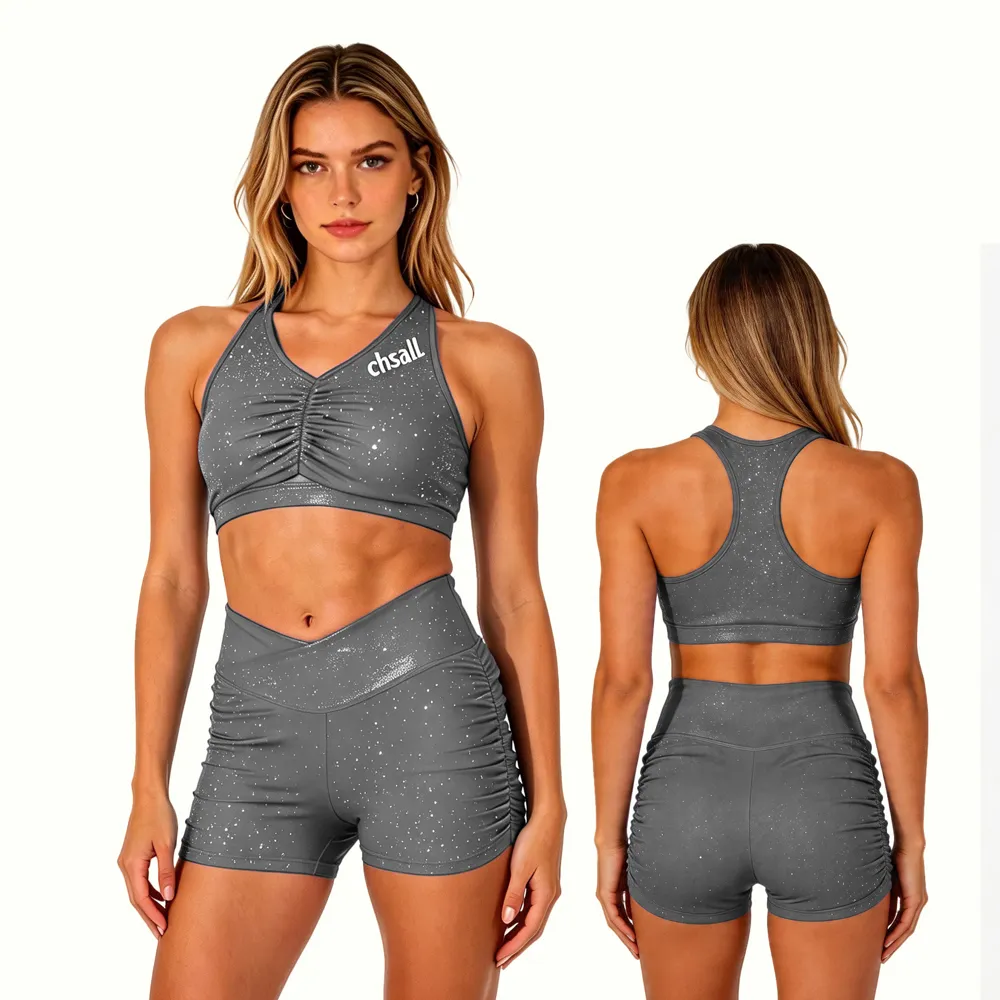 Plastisol Printing Grey Shirts & Tops Sparkle Halter Racerback Shiny Cheerleading Practice Wear Short Uniform