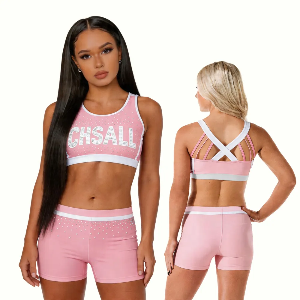 logo Rhinestones Shirts & Tops Strappy Crisscross Back Design Shiny Cheerleading Practice Wear pink Color Shorts Uniforms