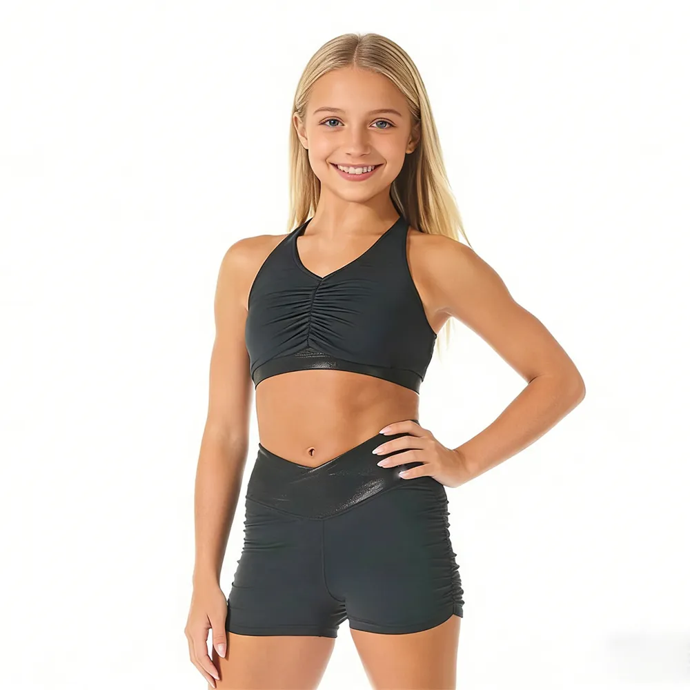 Girls Cheerleading Uniform Black Ruched Halter Crop Top with Shorts Dance Wear for Competition Training with Bow