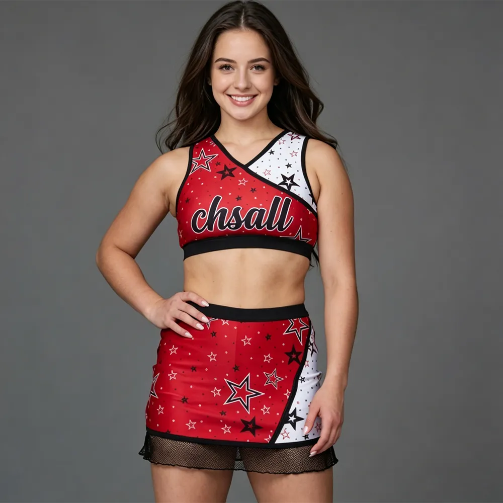 Sparkle Cheerleading Outfit for Teens Red White Star Print Crop Top Cheer Uniform for Stage Performance