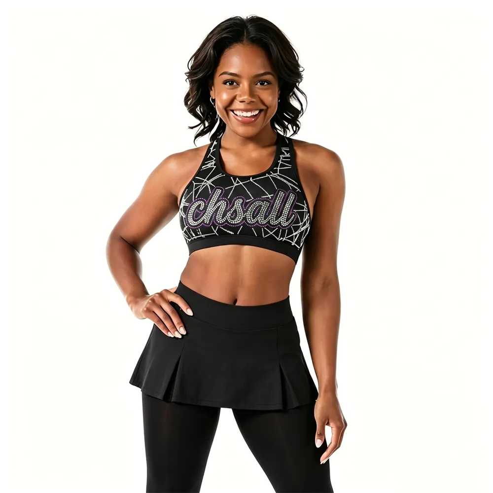 All Star Edgy Geometric Cheer Practice Set Black Racerback Rhinestone Crop Top with Skirt