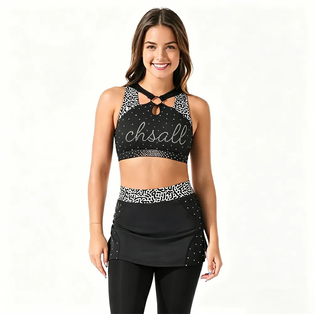 Competition-Ready Black Cheer Set Geometric Trim Rhinestone Halter Top & Skirt for Teen Girls
