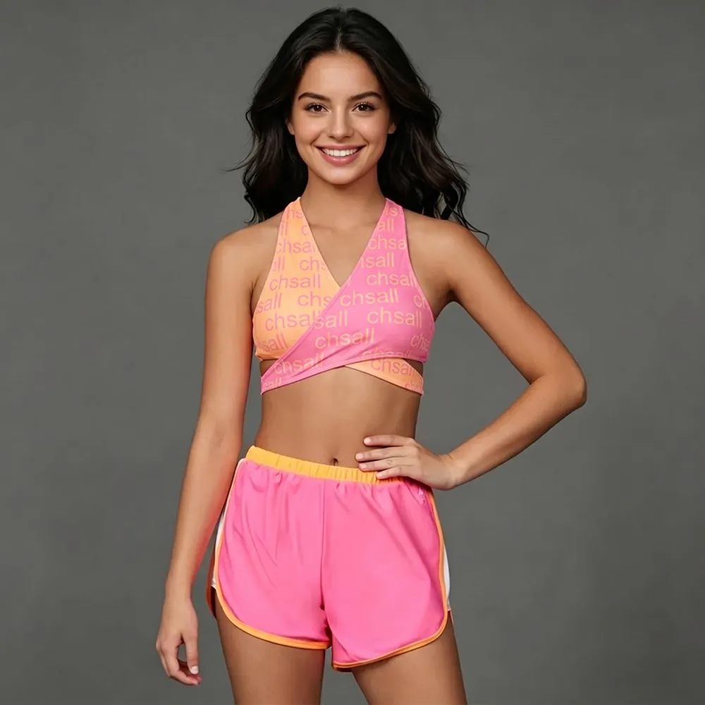 Youth Vibe Pink Orange Ombre Cheer Outfit All-Over Print Wrap Halter Top with Shorts for Girls