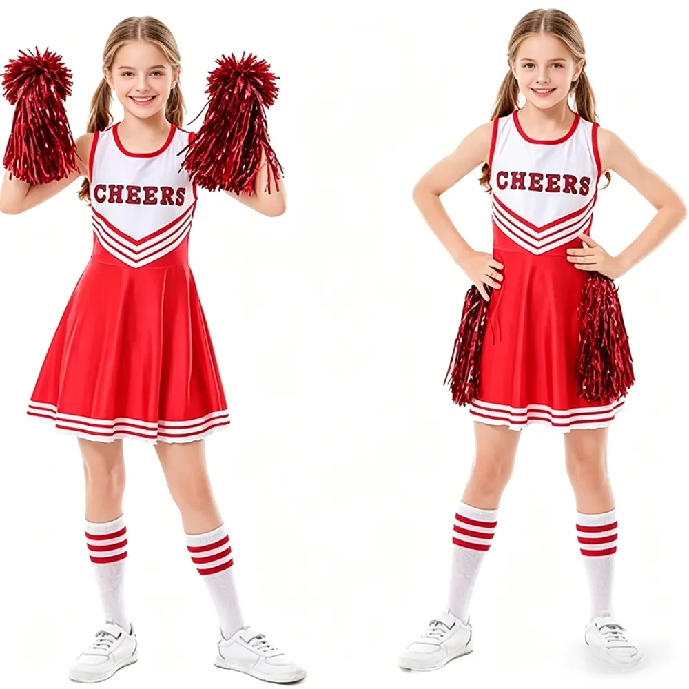 Red White Cheerleading Dress Sleeveless A-Line Cheer Outfit with Pom Poms for School Spirit