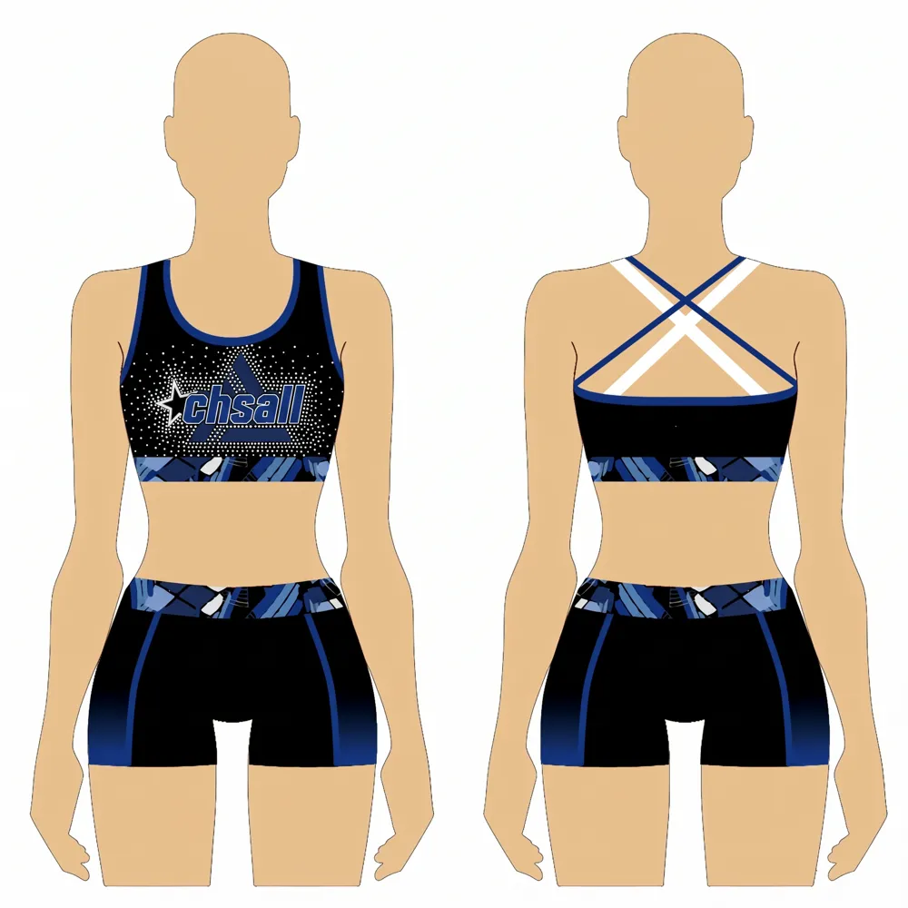 Youth Sporty Blue Black Cheer Outfit Rhinestone CHSALL Logo Crop Top with Geometric Print Shorts
