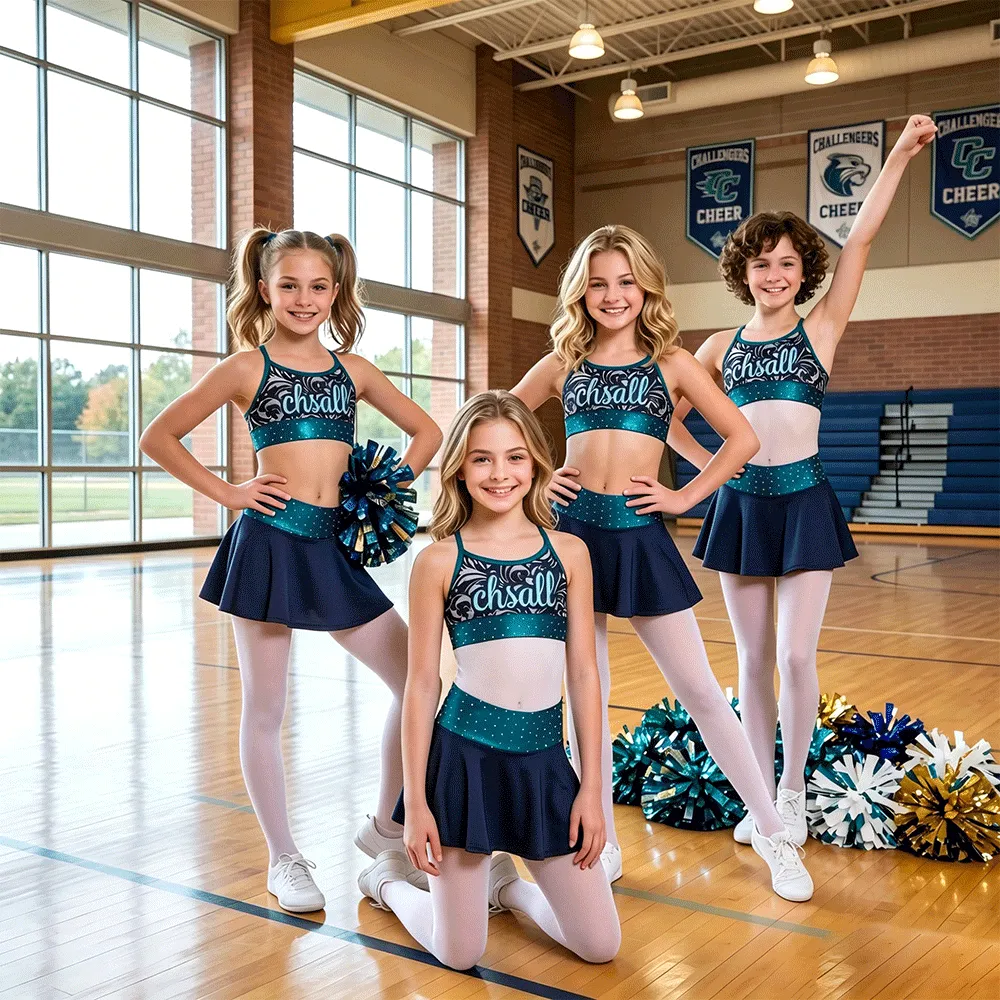 Team Teal Navy Cheerleading Uniform Set with Rhinestone Trim and CHSALL Logo for Girls