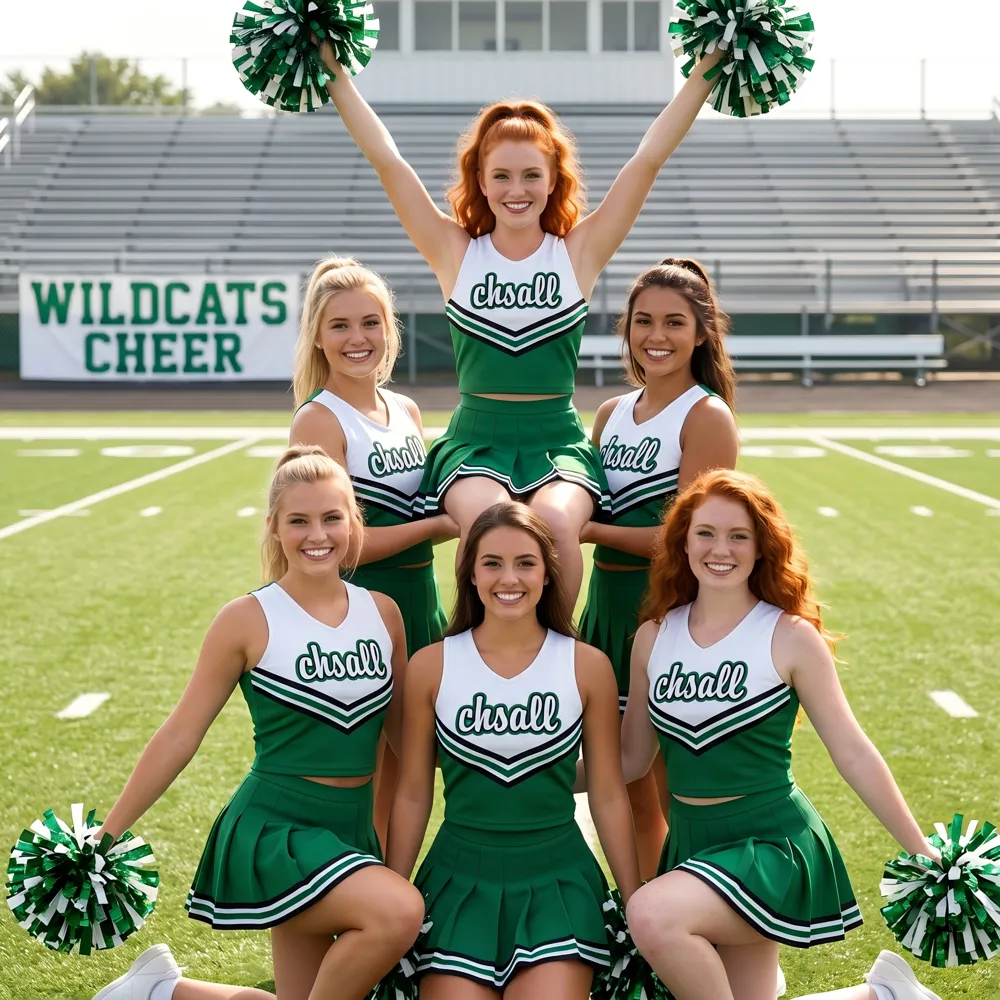 Team Green White Cheerleading Uniform with CHSALL Logo for Pep Rallies and Competitions
