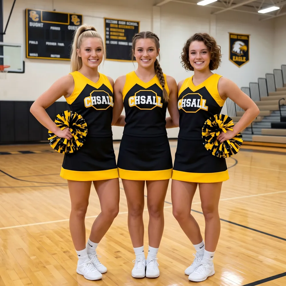 Varsity Style Black Yellow Cheer Outfit with Matching Pom Poms for School Basketball Pep Rallies