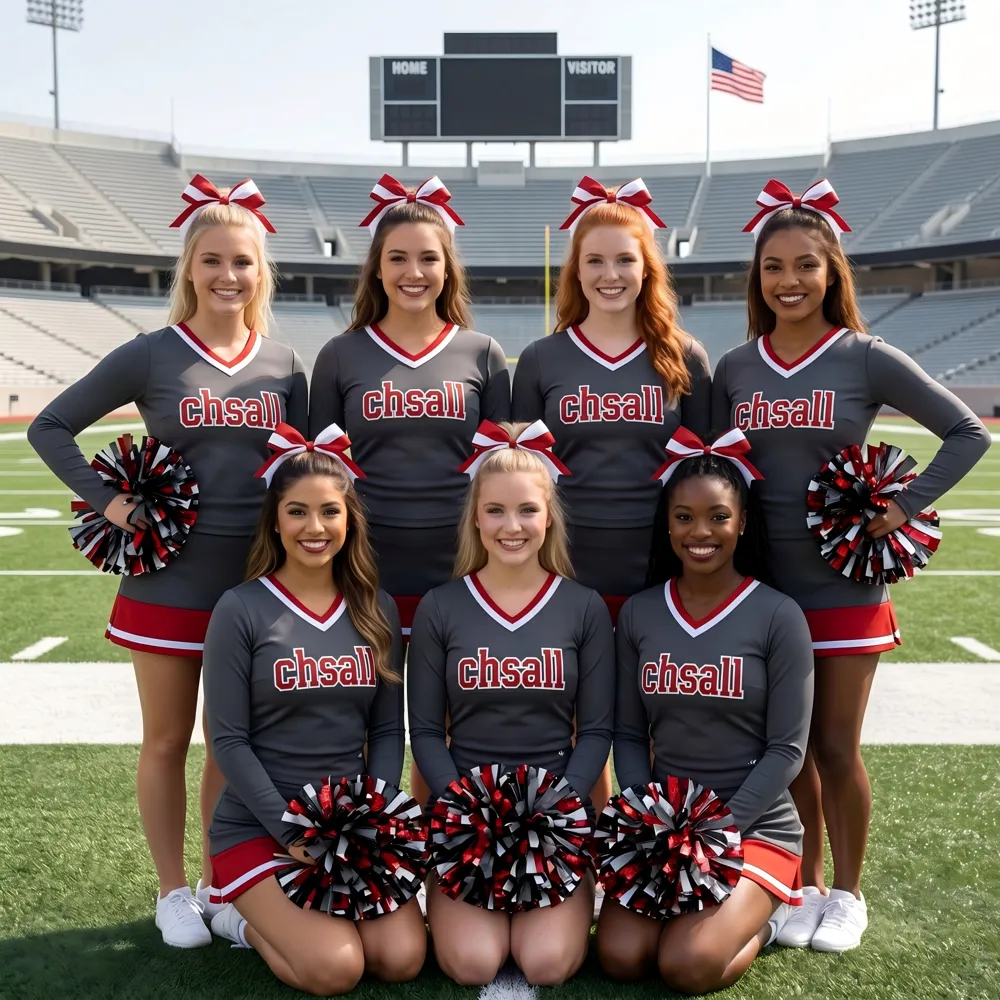 Varsity Style Gray Red Cheer Outfit with Matching Pom Poms and Bows for Pep Rally Events