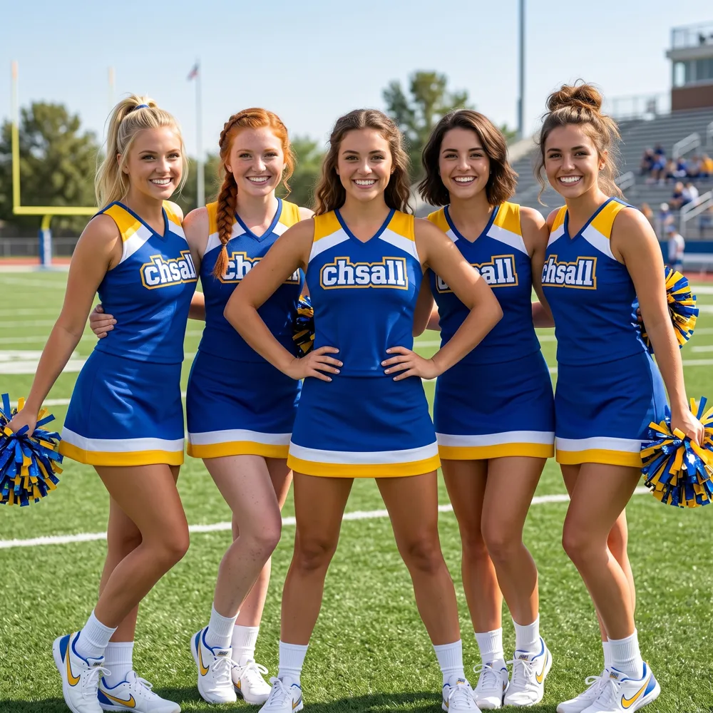 High School Blue Yellow Cheerleading Uniform with CHSALL Logo for Football Pep Rallies