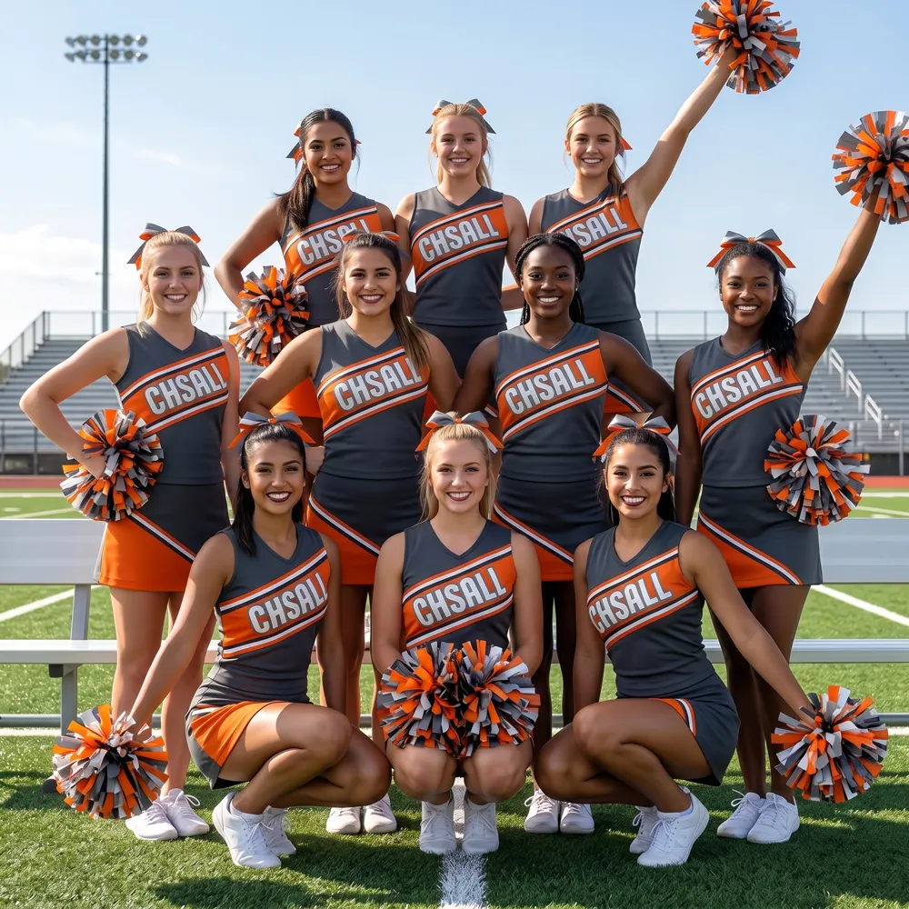 Modern Gray Orange Cheerleading Uniform with Sleeveless Top for Competitive Cheer Teams