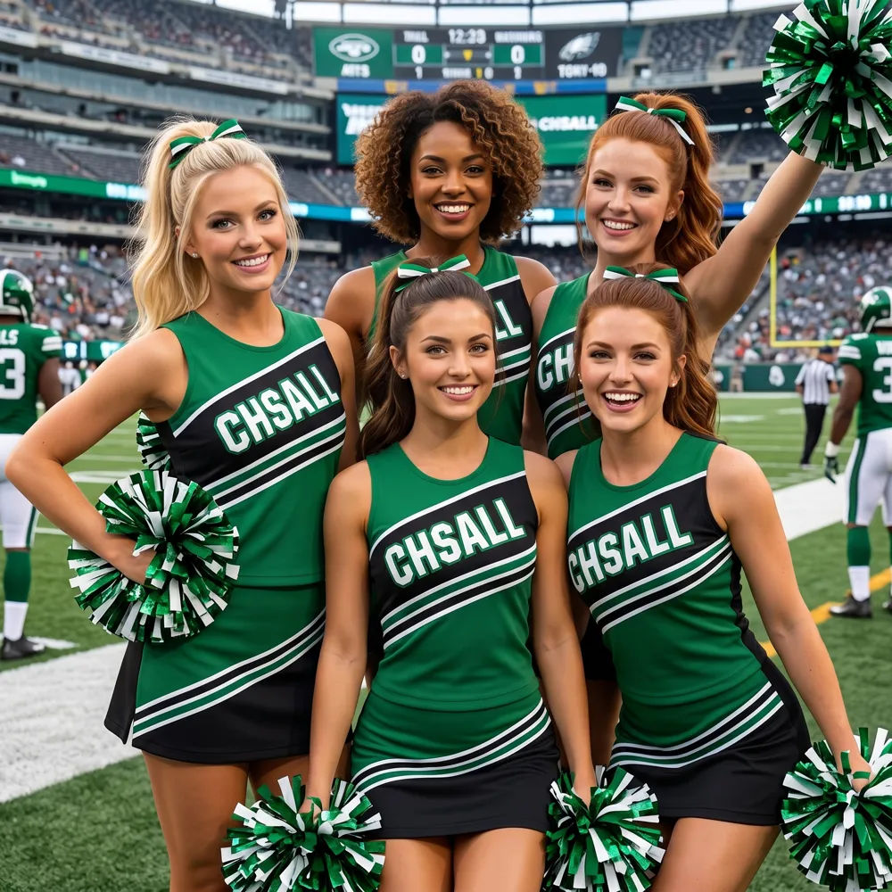Varsity Green Black Sleeveless Cheer Outfit with Matching Pom Poms for Pep Rally Competitions