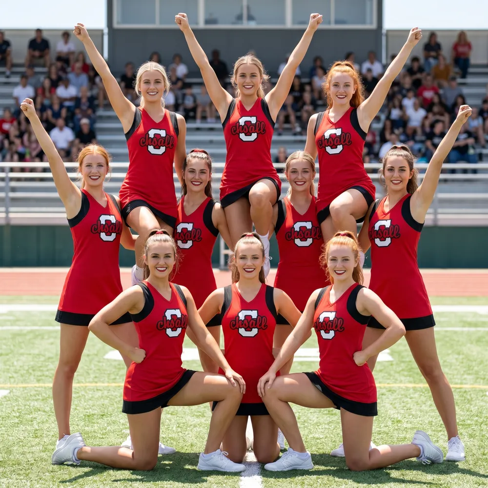 Slim Fit Red Black Cheerleading Dress with V-neck Top Skirt for Cheer Competitions