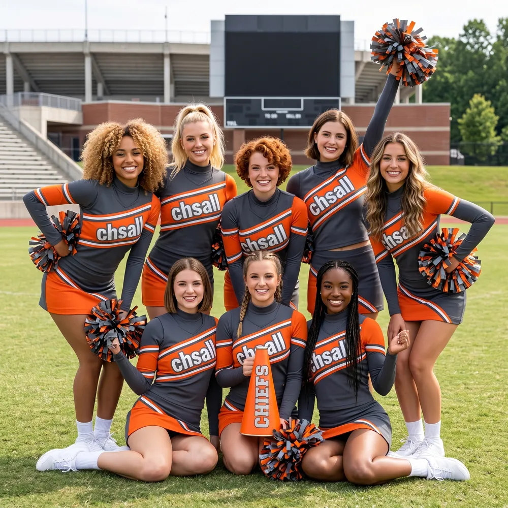 Women Grey Orange Long Sleeve Cheerleading Uniform CHSALL Logo with Pom Poms for High School Football