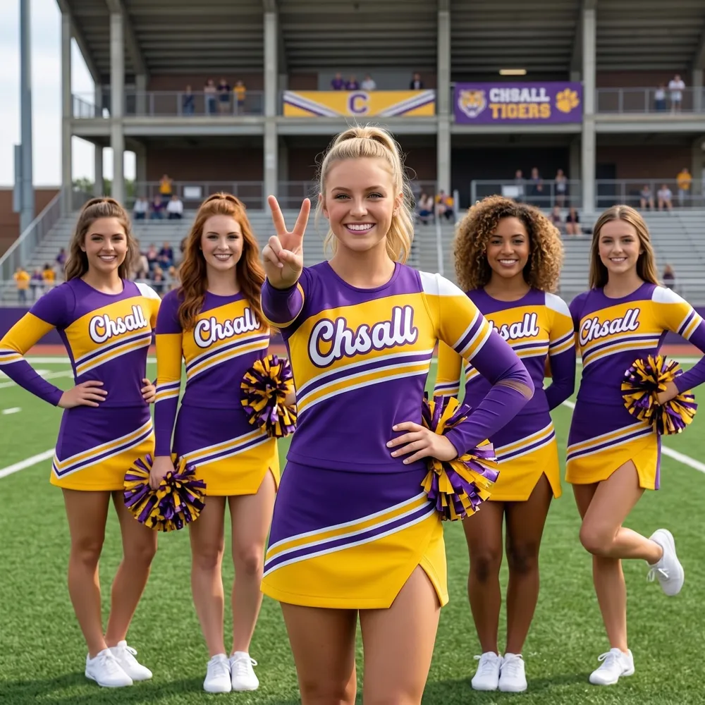Women Purple Yellow Long Sleeve Cheerleading Uniform Chsall Logo for High School Football