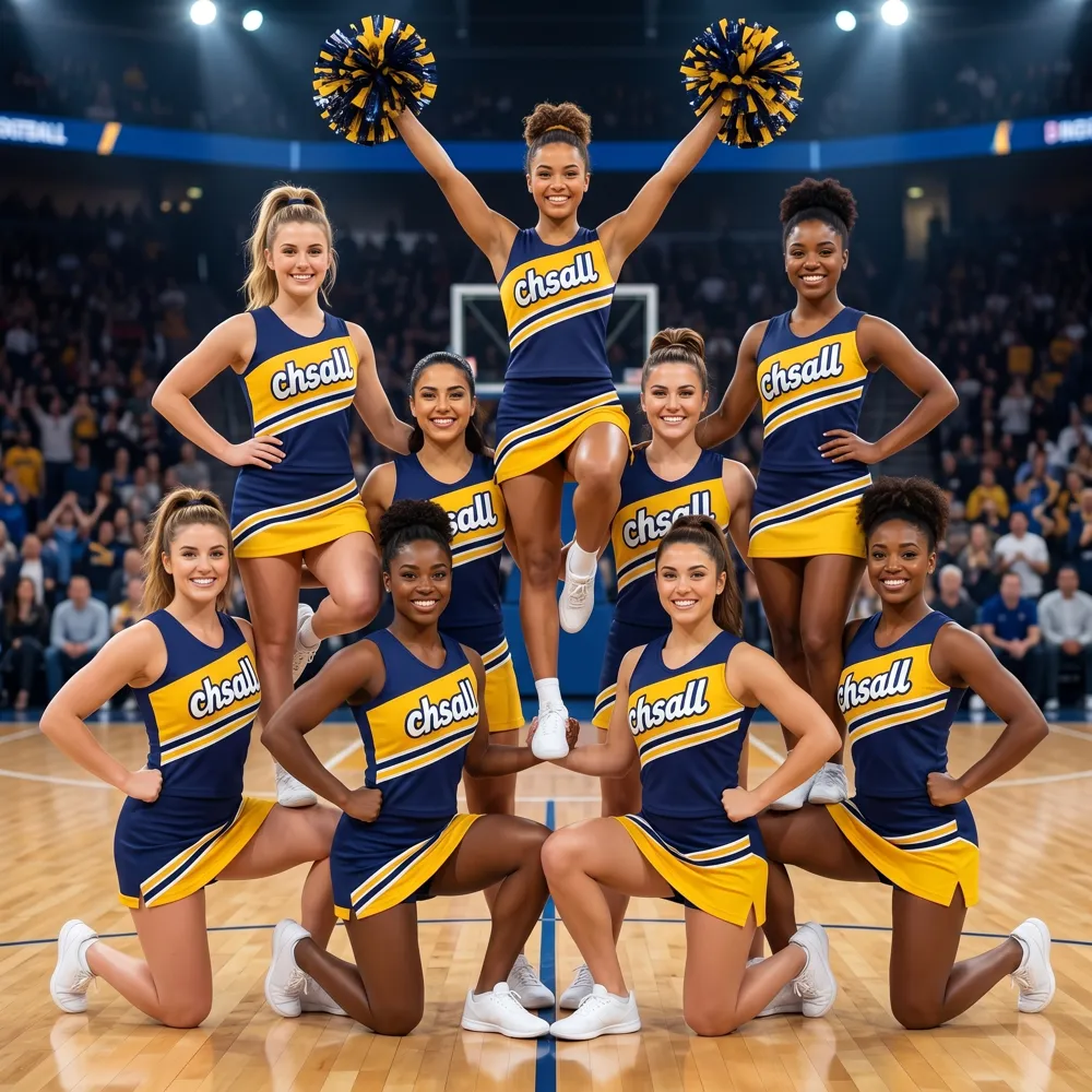 Blue Gold CHSALL Cheerleading Outfit Sleeveless Uniform with Team Logo Pom Poms for Basketball Game Day