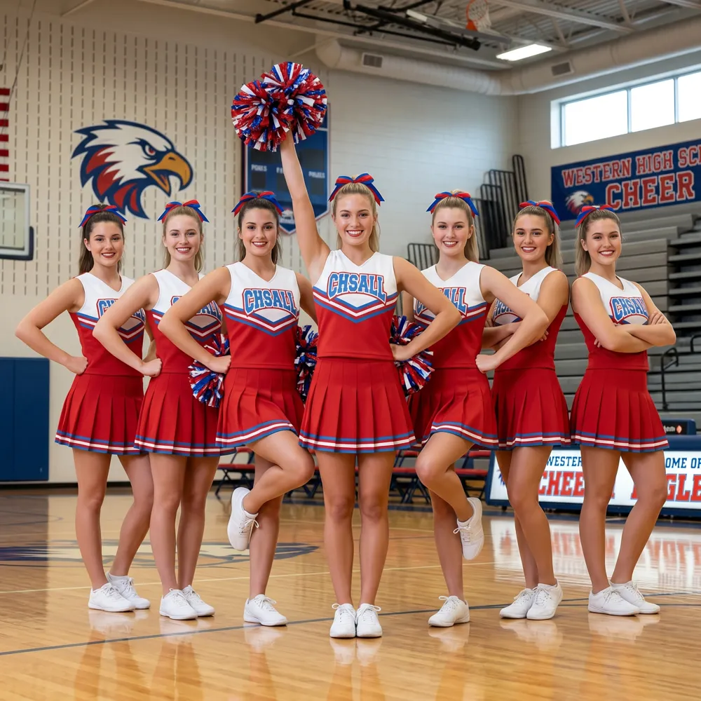 Red White Blue Cheerleading Uniform CHSALL Logo for High School Basketball Games for Pep Rally