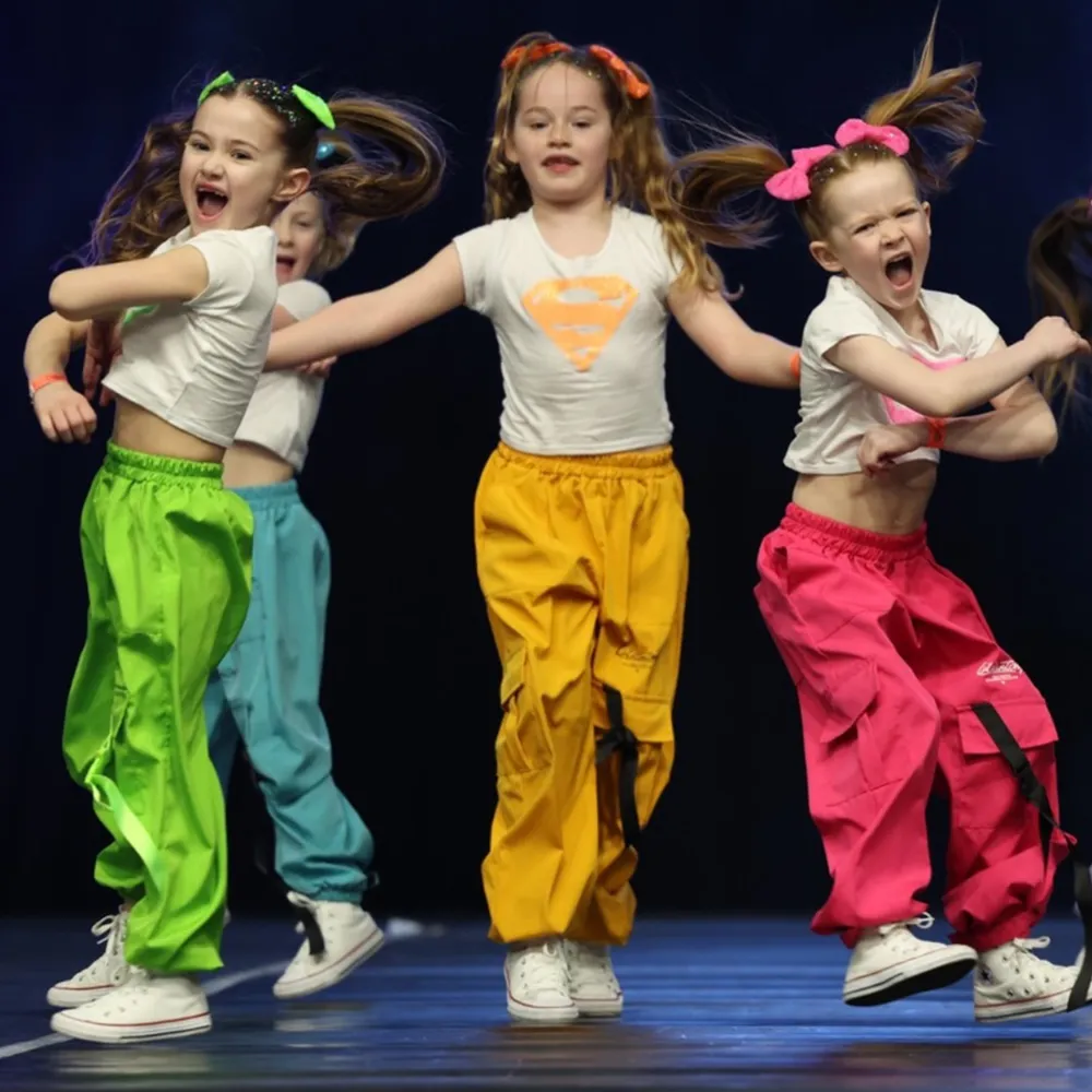 Bright Neon Kids Streetwear Cargo Pants Hip Hop Dance Costume for Jazz Stage Competition