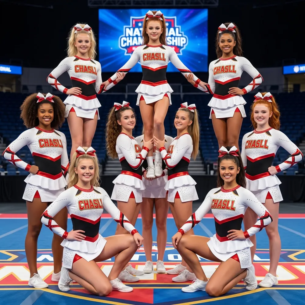 Varsity White Red Black Cheer Outfit with Satin Trim for High School Cheer Competitions