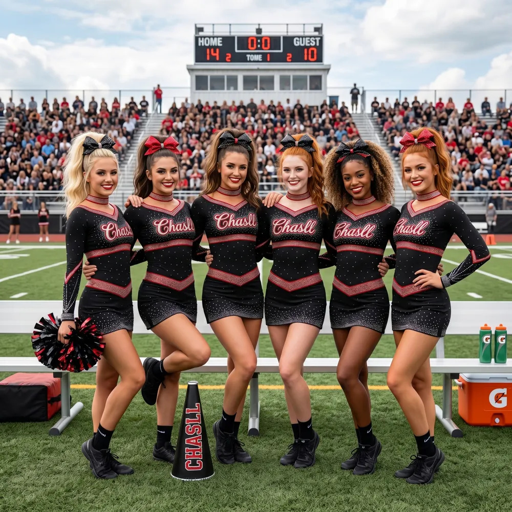 High Neck Black Red Long Sleeves and Matching Cheer Uniform for High School Spirit Games Stage Performances
