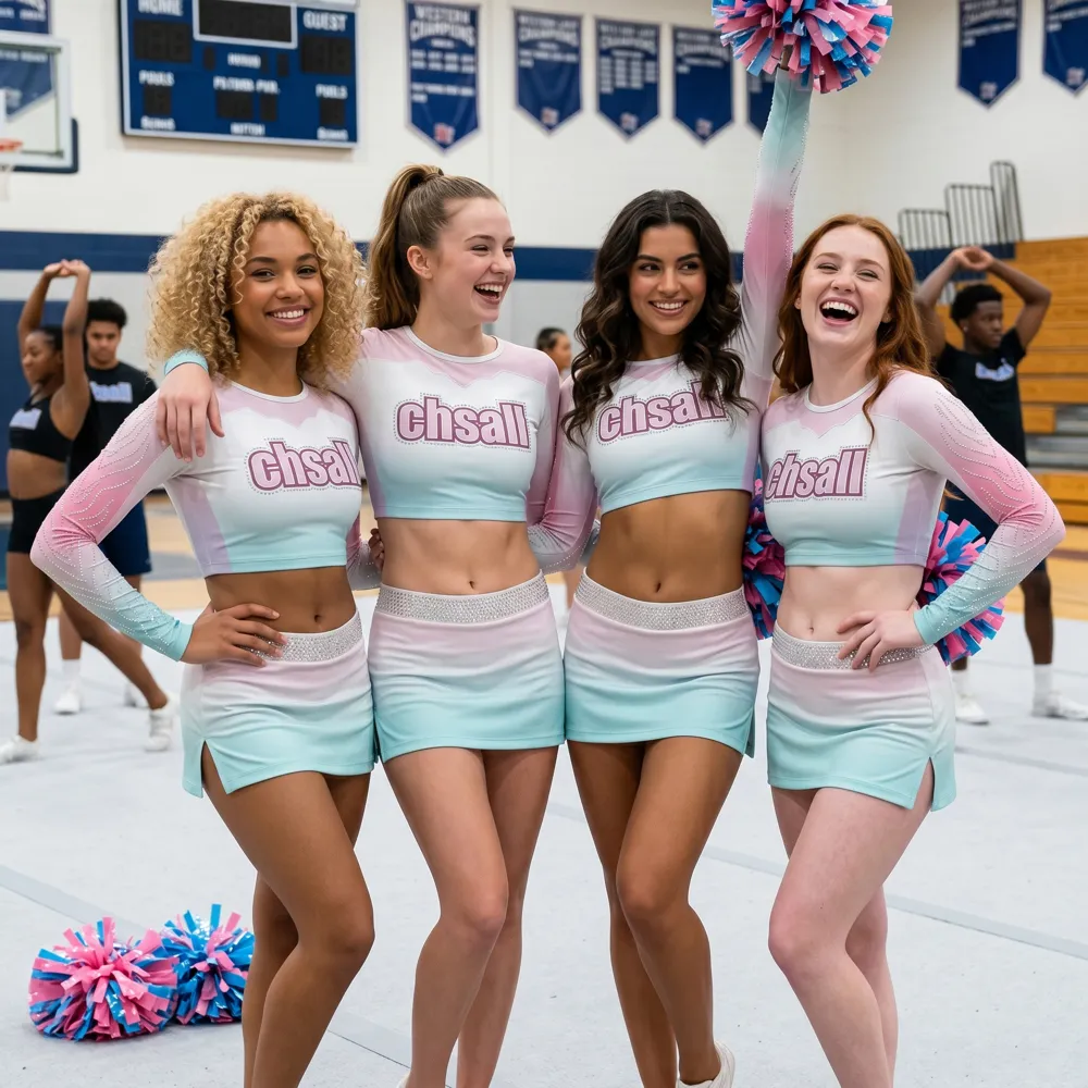 Pink Blue Gradient Rhinestone Cheerleading Crop Top with Skirt Chsall Logo for Competitions