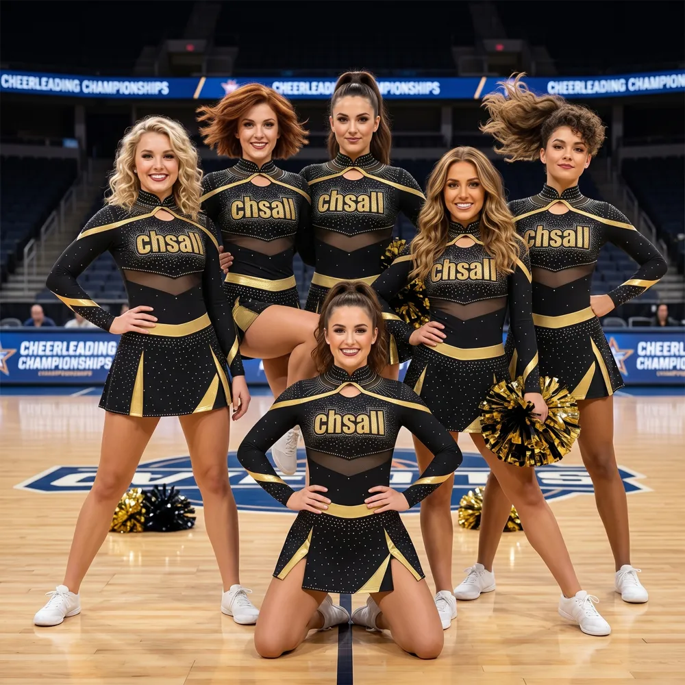Black Gold Competition Cheerleading Uniform with Mesh Cutouts and Rhinestone Accents