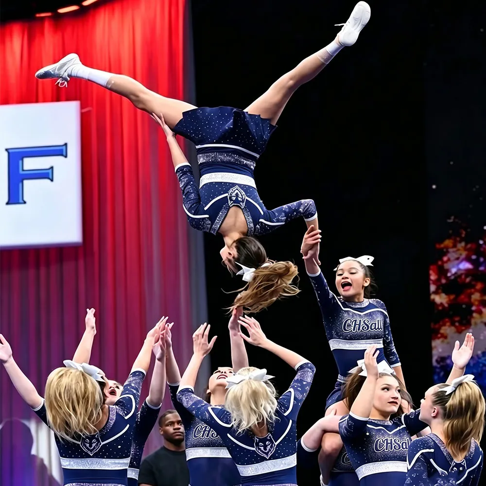 Elite Navy Cheer Uniform with All-over Sparkle Rhinestones Logo Ideal for High School Competitions