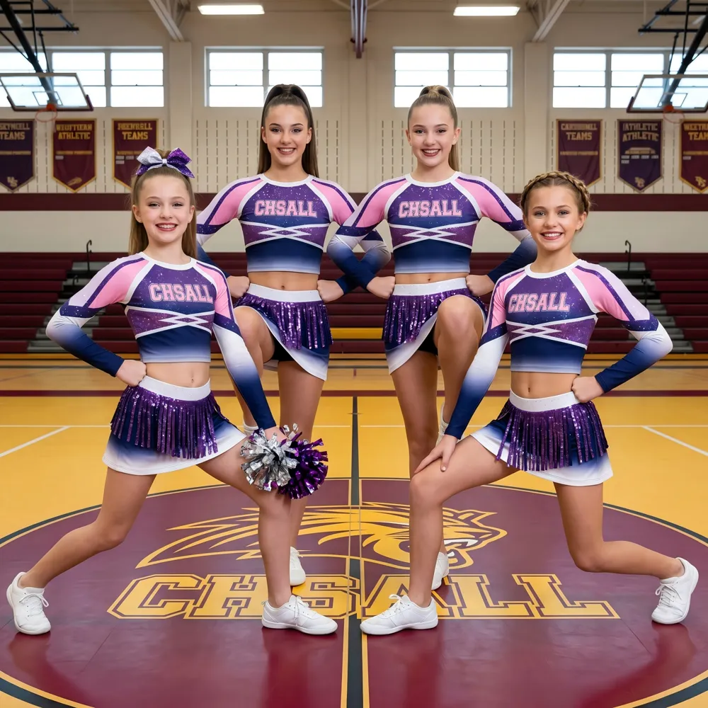 Ombre Purple Pink Cheerleading Set with Fringe Skirt and Cropped Long Sleeves Basketball Halftime