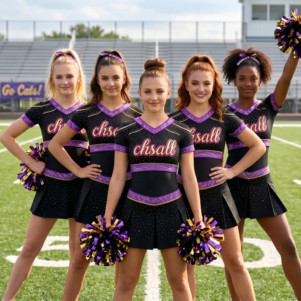 Premium Black Cheer Costume with Purple Trim and Logo Designed for All Star Cheerleaders