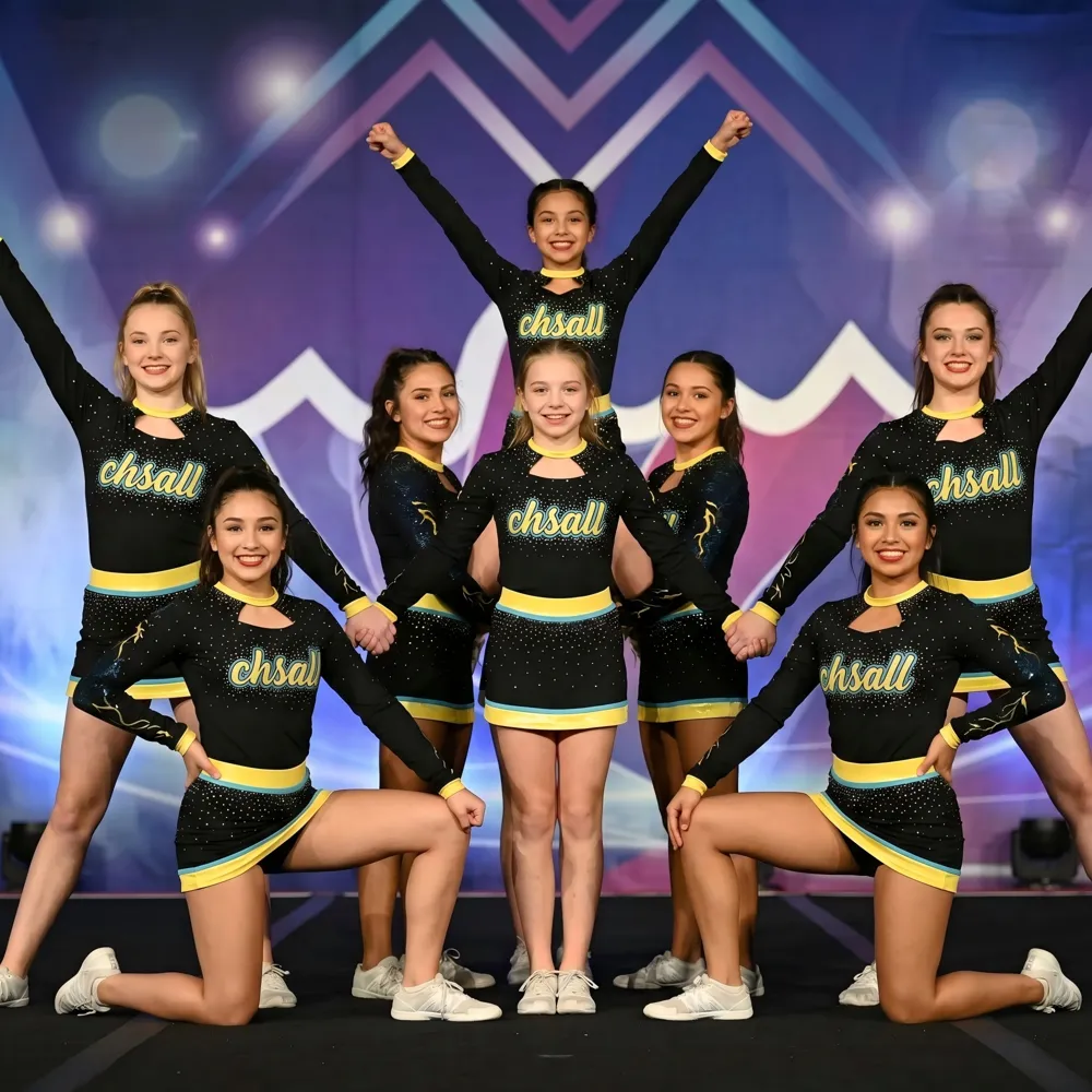 Bold Competition Cheer Uniform with Logo and Contrast Waistband for High School Spirit Events