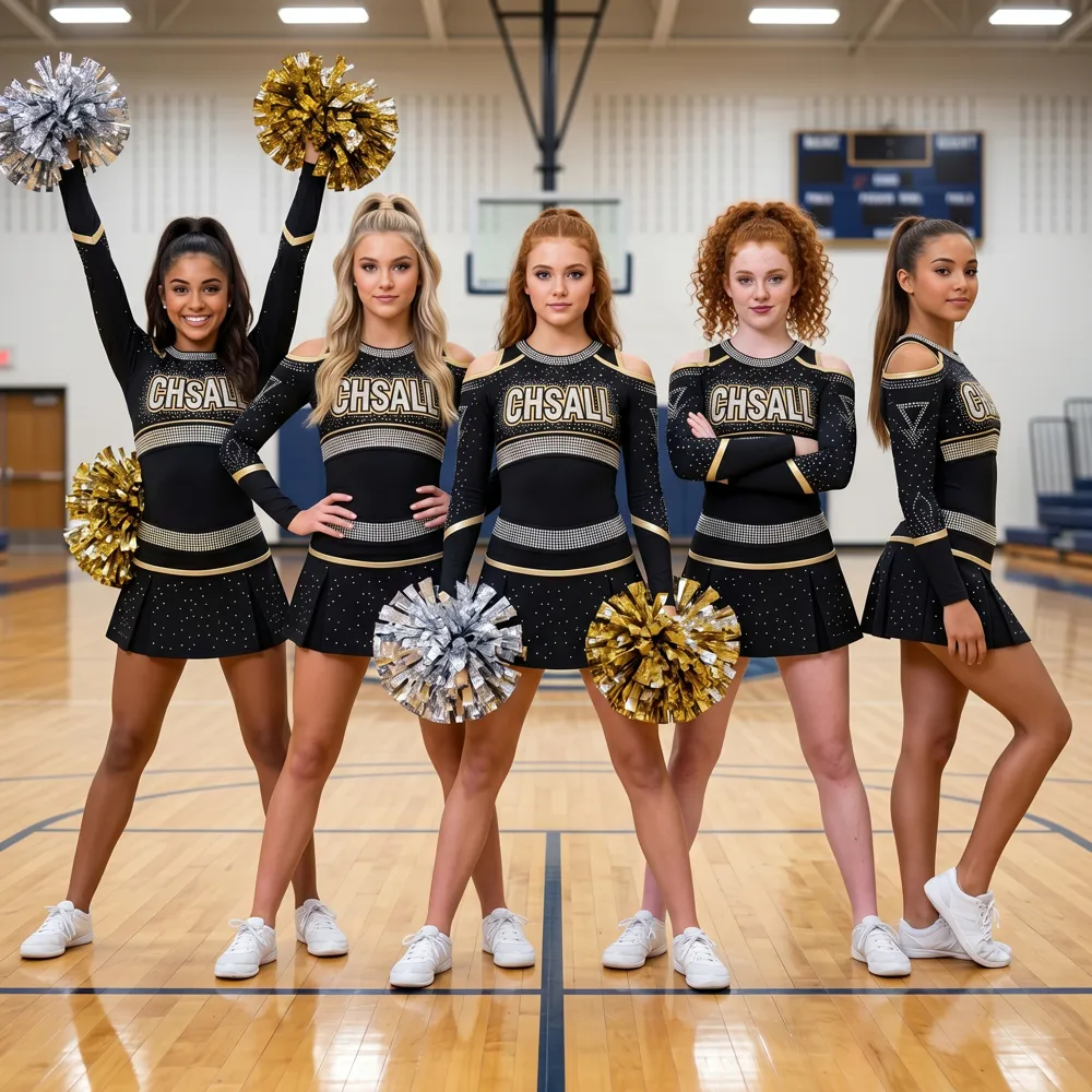Glam Cheerleading Outfit with Long Sleeves and Gold Trim Perfect for High School Game Day Performances
