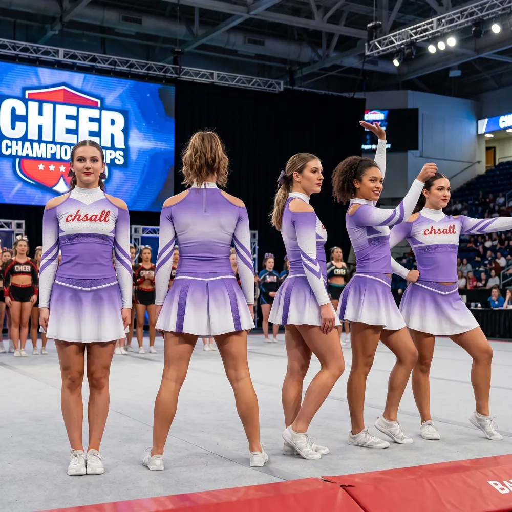 Premium Purple Ombre Cheer Costume with Long Sleeves and Logo Designed for All Star Teams