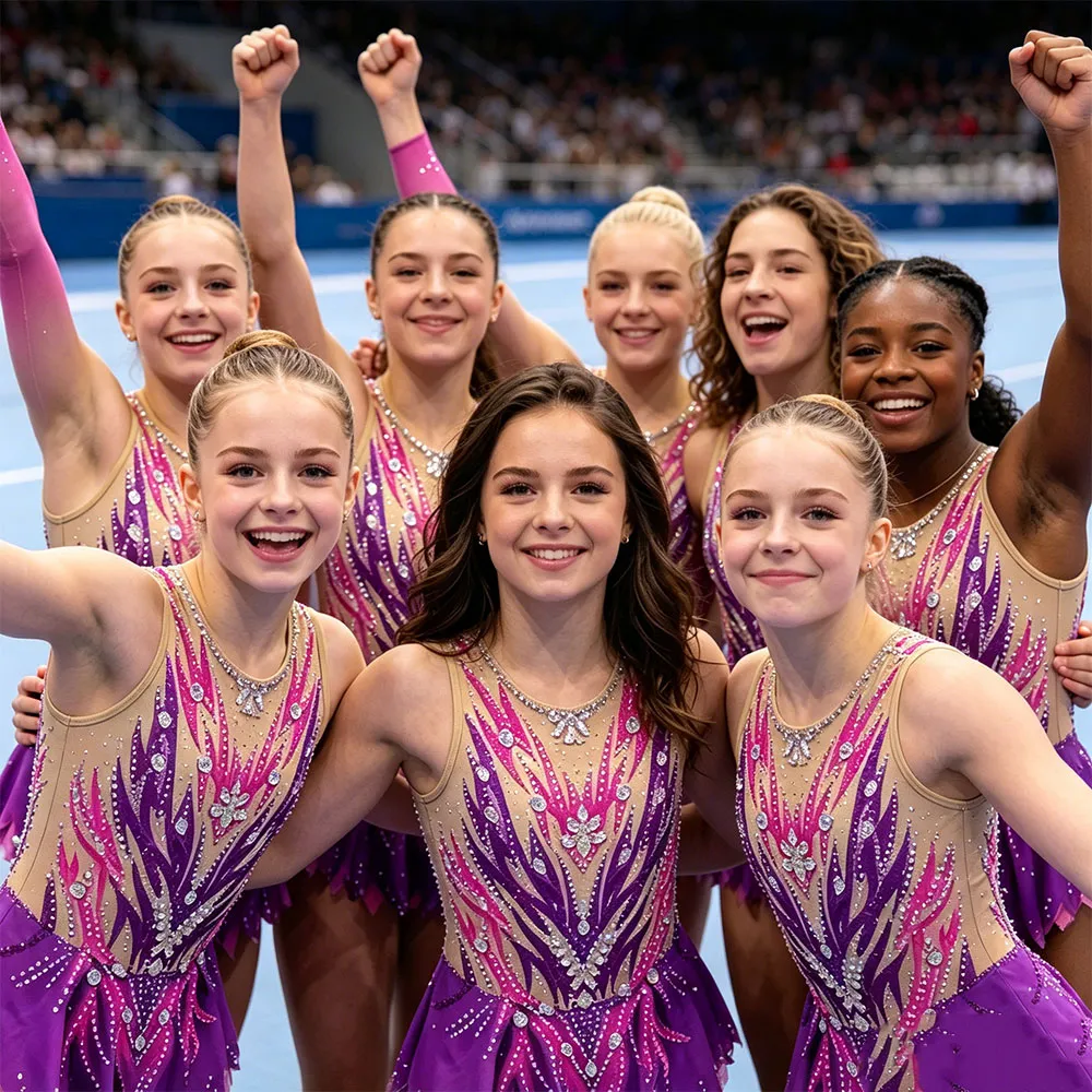 Purple Pink Ombre Gymnastics Leotard with Crystal Accents and Sheer Nude Panels for Elite Competitions