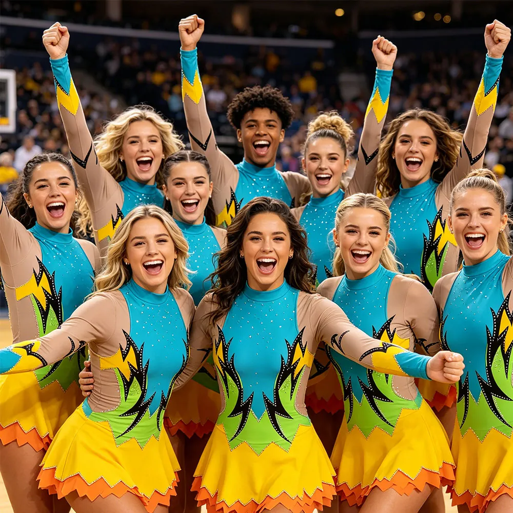 Competition Grade Cheer Outfit with Turquoise Base and Yellow Black Flame Design for Cheer Competitions