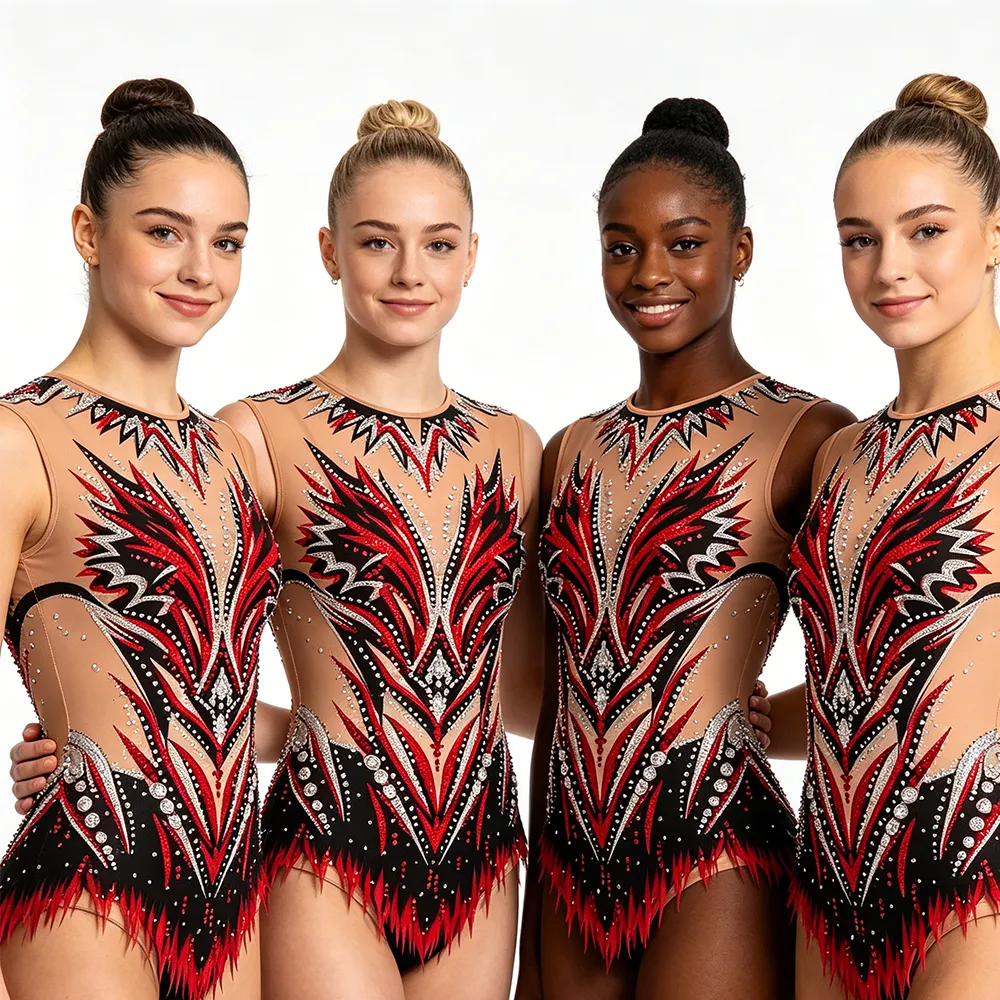 Sleeveless Red Black Flame Gymnastics Leotard with Sheer Nude Mesh and Fringe Hem for Cheer Competitions