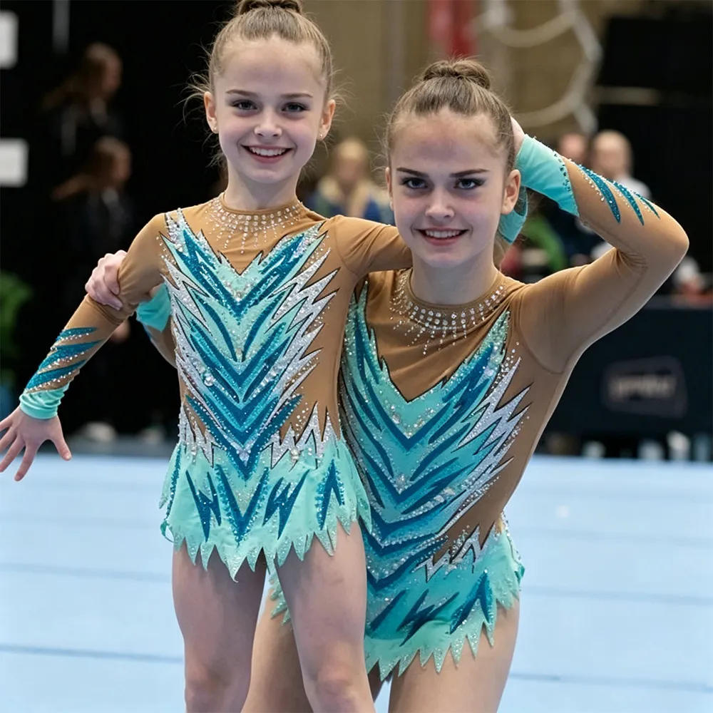 Teal Turquoise Flame Rhinestone Gymnastics Leotard with Nude Mesh Base for Elite Competitions