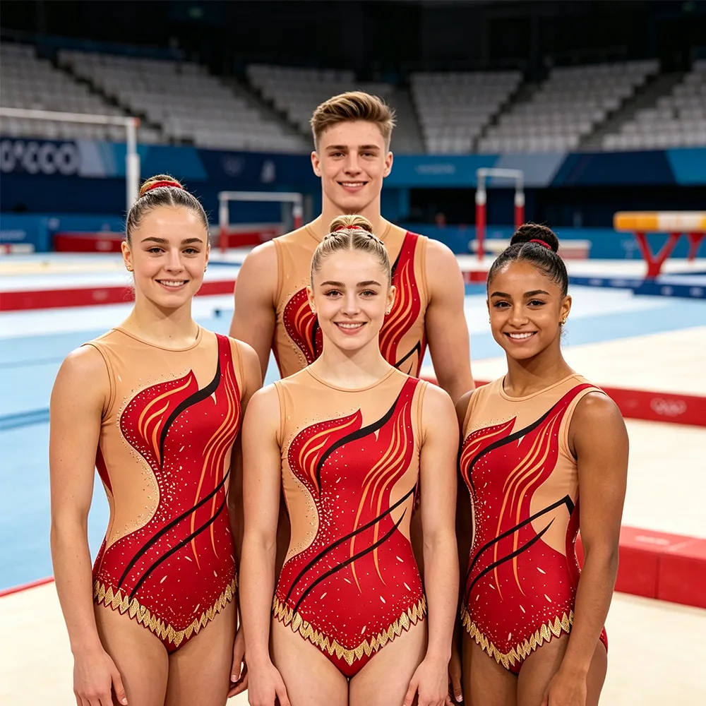 Sleeveless Gymnastics Costume with Nude Mesh Panels Red Gold Flame and Rhinestone Trim for Competitions