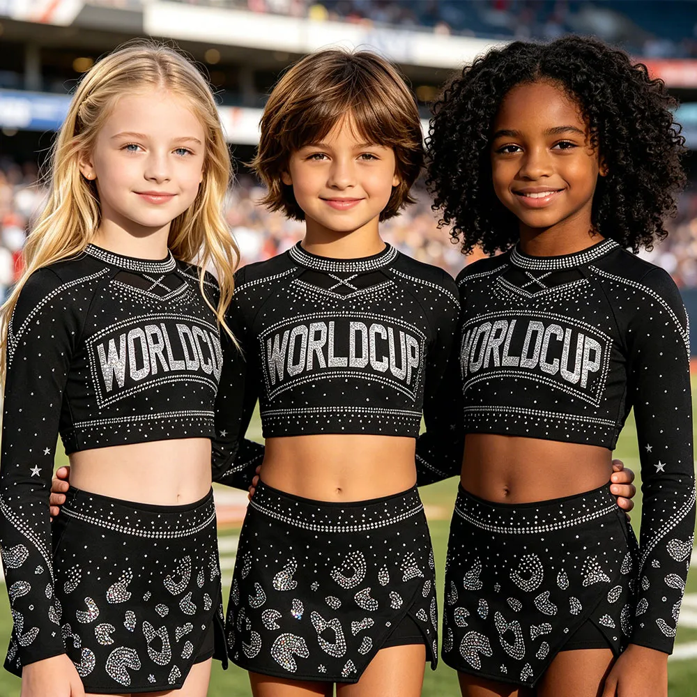 Girls Cheerleading Uniforms Long Sleeve Rhinestone Crop Top Skirt Black Silver Dance Team Competition Performance Outfits