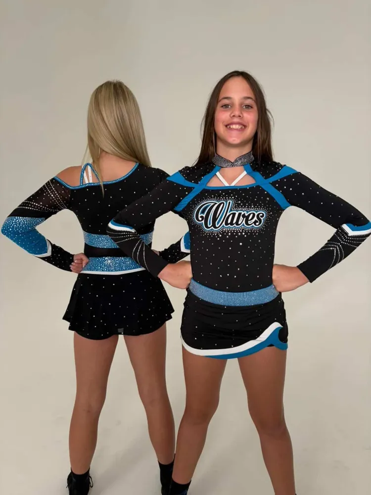 Girls Cheerleading Uniform Long Sleeve Rhinestone Leotard Skirt Black Blue White Team Dance Competition Outfit Sportswear