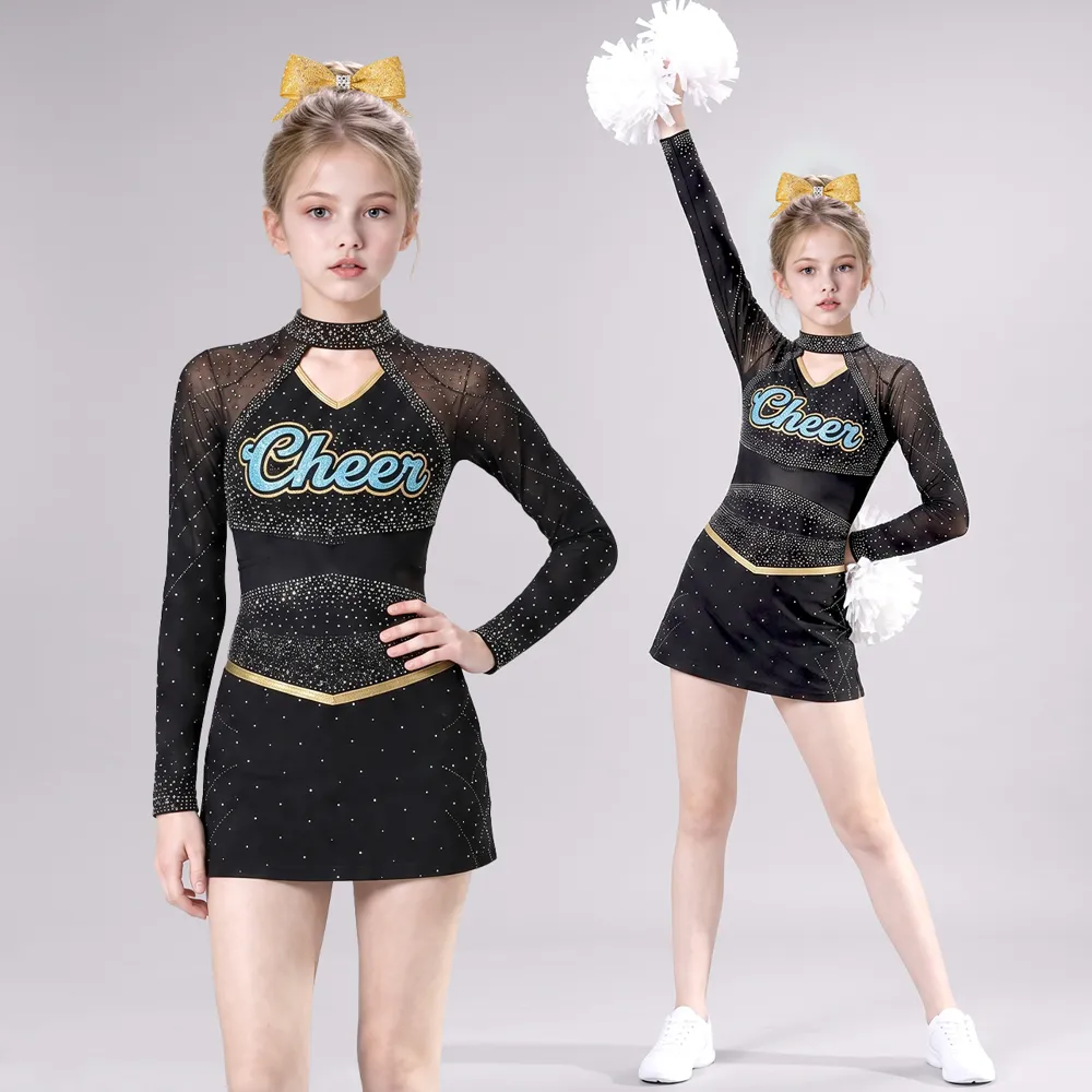 Girls Black Gold Rhinestone Cheerleading Uniform Long Sleeve Net Top Skirt Team Competition Performance Set