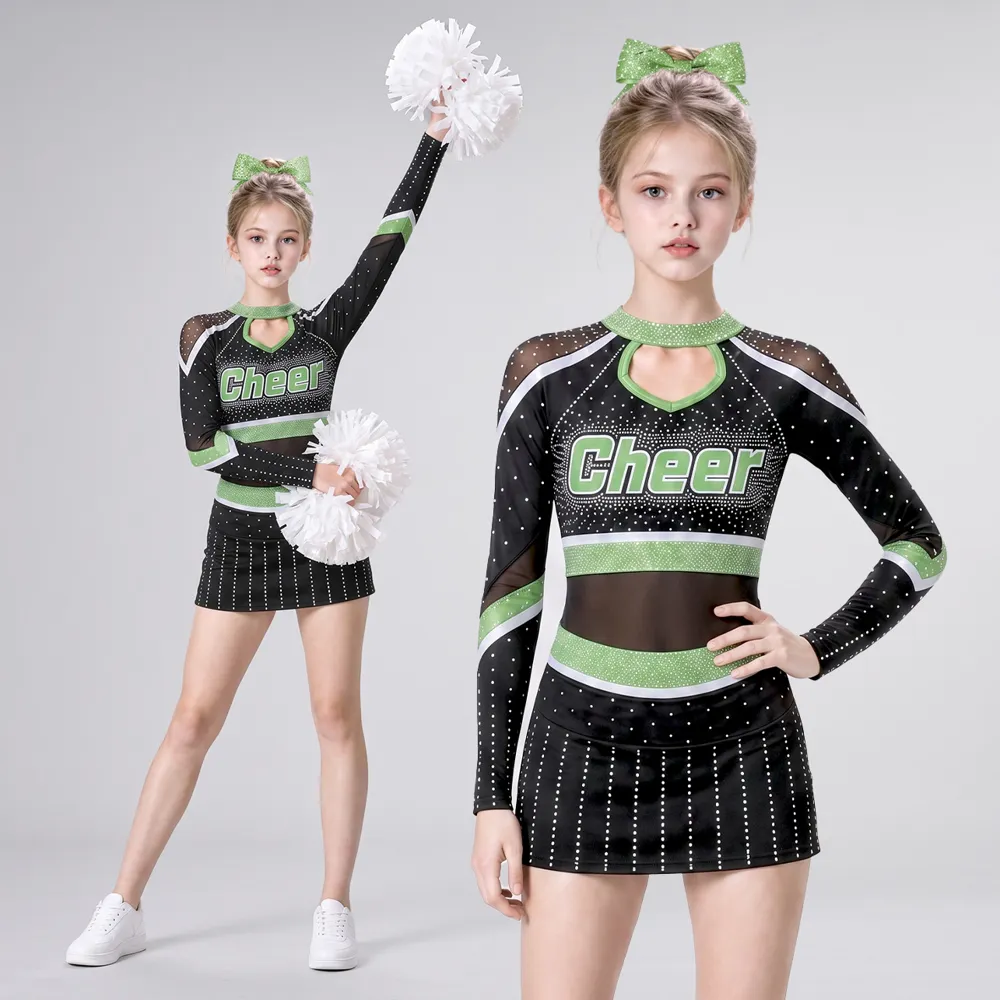 Kids Black Green Rhinestone Cheerleading Uniform Long Sleeve Net Top Skirt Team Competition Performance Set