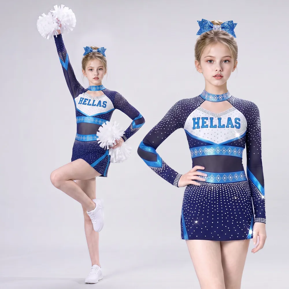 Girls Blue White Rhinestone Cheerleading Uniform Long Sleeve Mesh Team Competition Performance Dress Sets