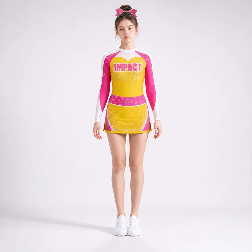 Kids Yellow Pink Rhinestone Cheerleading Uniform Long Sleeve Crop Top Skirt Team Performance Wear Set